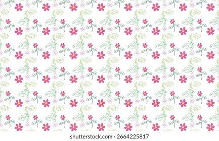 Padrão floral rosa sem costura com folhas verdes no fundo branco.