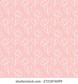 Patrón floral rosa sin fisuras con flores de tulipán dibujadas a mano en colores pastel suaves. Fondo de Vector plano mínimo para textiles, papel de embalaje, Fondo de pantalla y diseño femenino.