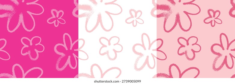 Seamless pink floral pattern with hand drawn spray effect. Soft pastel background with white graffiti style flowers. Beauty texture for spring, summer, feminine design, fabric, wrapping and branding