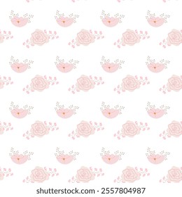 Seamless pink floral pattern with hearts and roses on white background.