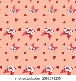 Seamless pink floral pattern with hearts on a peach background.