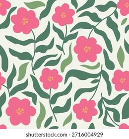 Padrão floral rosa sem costura com folhas em estilo desenhado à mão plana