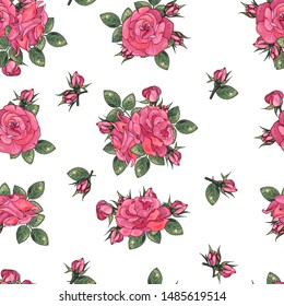 Seamless pink floral pattern with roses on white. Endless festive texture for wedding design, announcements, postcards, posters. Vector.