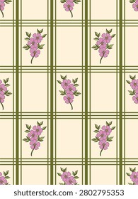 Seamless Pink Floral Plaid Pattern with Green Grid on Cream Background