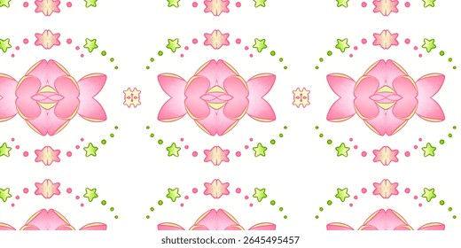 Seamless pink floral-inspired abstract pattern with green and yellow accents on white. Perfect for textile, wallpaper, and decorative design.