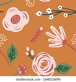 Seamless pink flower floral leaf pattern. Stylish repeating texture. Orange background with pink flowers. Trendy. Botanical.