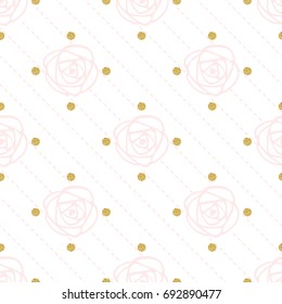 seamless pink flower with gold dot glitter pattern on white background