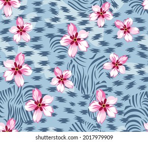 seamless pink flower pattern with leaped on grey background
