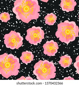 Seamless pink flower pattern on a dark background with white dots. Vector illustration