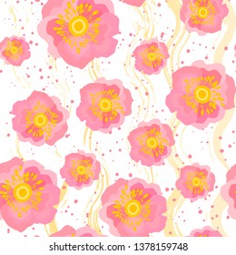 Seamless pink flower pattern on a white background with grunge stripes. Vector illustration