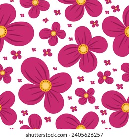 Seamless pink flower pattern on white isolated background. Flat style. For wallpaper, textiles, packaging paper.