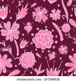 Seamless pink flower pattern on cherry background.