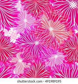 Seamless pink flowers background from blots. Vector