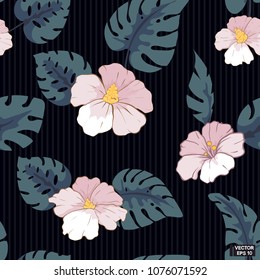 Seamless pink flowers, black background.
