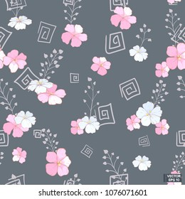 Seamless pink flowers, grey background.