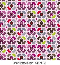 Seamless pink flowers and owls pattern in vector