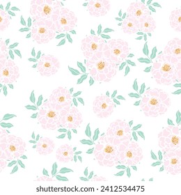 seamless pink flowers pattern. Delicate petals and vibrant blossoms create an artistic and vintage botanical illustration. Perfect for wallpaper, fabric, wrapping paper and more.