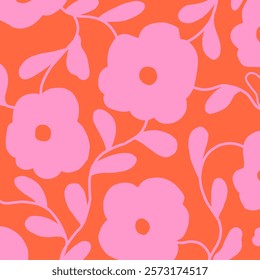 seamless pink flowers pattern with orange background