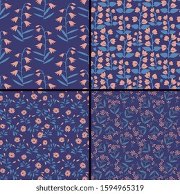 Seamless pink flowers patterns set