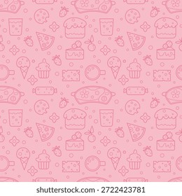 Seamless pink food pattern with line icons of cake, pizza, ice cream, cupcake, cheese, candy, drink and berries. Cute pastel background ideal for packaging, textiles, kids products and food branding.