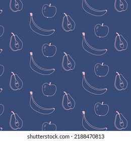 Seamless pink fruit pattern with banana, apple and pear in the dark blue background.  Hand drawn fruit pattern in pink colors in the dark blue background.