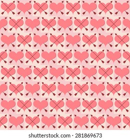 Seamless pink geometric pattern with hearts, cross arrows and squares. Vector illustration