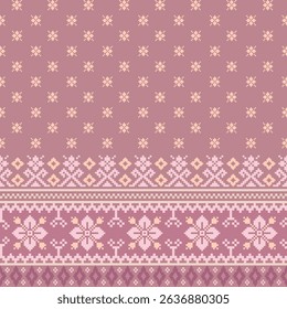 Seamless Pink Geometric Pixel Background with Traditional Floral Motif