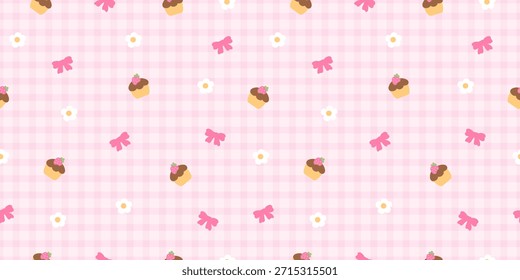 Seamless pink gingham pattern with kawaii strawberry cupcakes, bows and tiny white daisies. Sweet romantic background for Valentine wrapping paper, fabric, stationery and girly pastel projects.