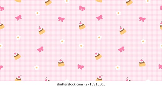 Patrón de jengibre rosa sin fisuras con postres de pudín kawaii, lazos rosados y pequeñas margaritas blancas. Dulce fondo romántico para papel de regalo de San Valentín, tela, papelería y proyectos femeninos.