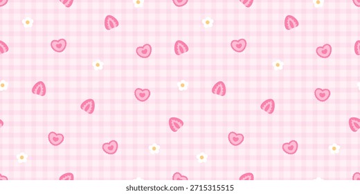  Patrón de jengibre rosa sin fisuras con galletas de corazón kawaii, rodajas de fresa y pequeñas margaritas blancas. Dulce fondo romántico para papel de regalo de San Valentín, tela, papelería y proyectos femeninos.