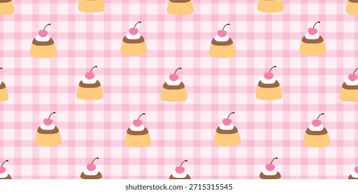  Seamless pink gingham pattern with kawaii strawberry cupcakes and chocolate topping. Sweet pastel background perfect for Valentine wrapping paper, fabric, stationery and girly dessert themed projects.