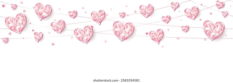 Seamless pink glitter hearts decoration. Valentines day frame, border. Wedding string ornaments isolated. Mothers day garland. Transparent background in vector file.