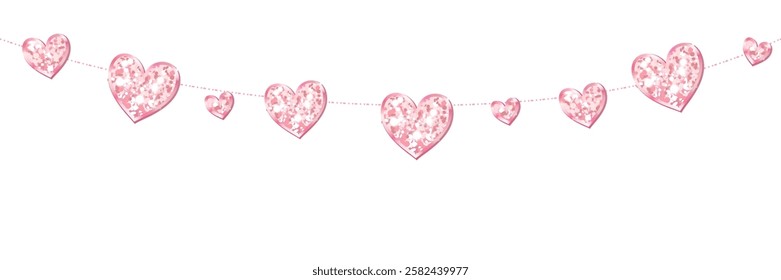 Seamless pink glitter hearts decoration. Valentines day frame, border. Wedding string ornaments isolated. Mothers day garland. Transparent background in vector file.