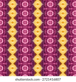 Seamless pink and gold kaleidoscope pattern with soft symmetrical shapes. Abstract decorative background, pattern, symmetry, texture, design.