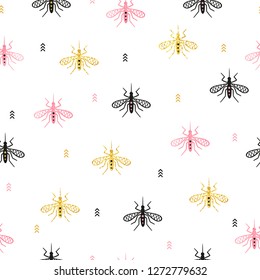 Seamless pink and golden mosquito pattern. Vector background with gnat.
