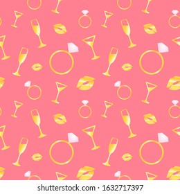 Seamless  Pink Golden Pattern for Hen Bachelorette Girls Party Packaging Decor Invitation Greeting Card with Diamond Ring Glasses Kisses