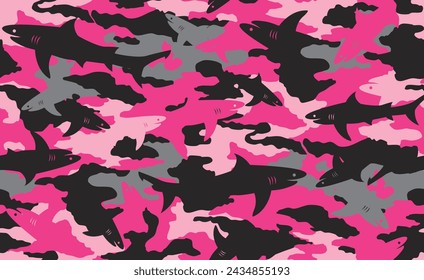 Seamless pink, gray and black camouflage pattern with shark silhouettes. Apparel textile pattern.