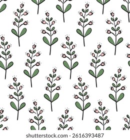 Seamless pink and green floral pattern with delicate hand-drawn wildflowers and leaves - perfect for fabric prints, wrapping paper, wallpapers, and spring-inspired creative projects.