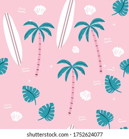 seamless pink and green palm trees pattern. repeating vector beach and surfing pattern with surf boards.