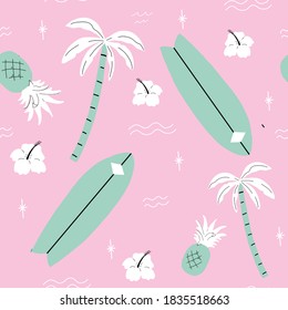 seamless pink and green palm trees pattern. repeating vector beach and surfing pattern with surf boards.
