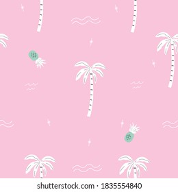 seamless pink and green palm trees and pineapple pattern with tropical flower. repeating vector beach and surfing pattern with surf boards.