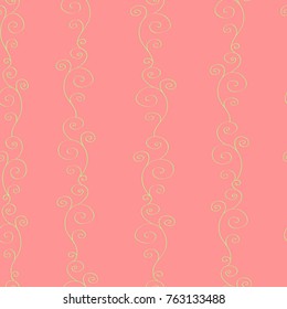 Seamless pink and green pattern with hand-drawn strips of curls, spirals and waves