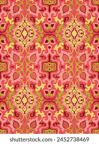 Seamless pink and green pattern with ornamental flowers. Colorful floral damask ornament. Background for wallpaper, textile, carpet and any surface. 