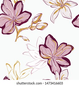 Seamless pink green yellow vector Floral Pattern. Tender contrast flowers on white background. Floral nature surface fabric art