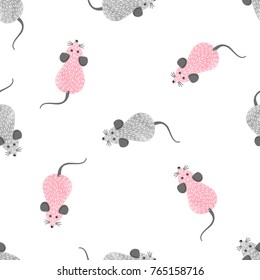 Seamless pink and grey cute mouse pattern. Vector background with cartoon mice.