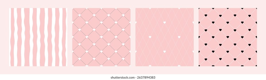 Seamless Pink Grid With Wavy Striped Lines Love Heart Abstract Vector Background Set Textile Print Collection Coquette Wrapping Paper