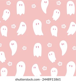 Seamless pink halloween ghost pattern. Pink halloween pattern for kids.Vector illustration.