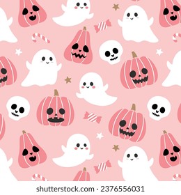 Seamless pink halloween pattern. Halloween pumpkin ghost skull vector. Cartoon cute repeat pattern for kids. Vector illustration.