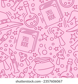 Seamless pink Halloween pattern. Spell book, potion, mushrooms, cauldron. witchcraft.