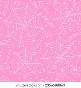 Seamless pink Halloween pattern. Spider web with candy, lollipop, treat. Vector illustration in doodle hand drawn style.